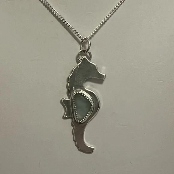 Sterling Silver Seahorse Necklace with Aqua Seaglass Inlay